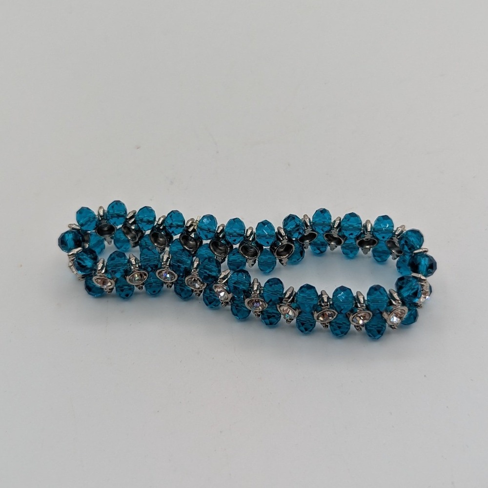 Teal Blue Crystal Stretch Bracelet Silver Tone Rhinestone Beaded Statement 7in